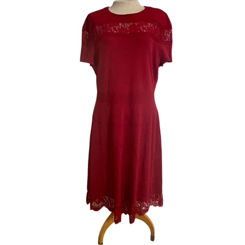 Dress‎ Barn Red Lace Knit Midi Dress Women's XL Short Sleeve